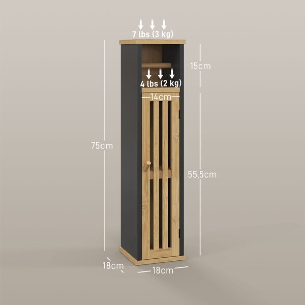 HOMCOM Mobiletto Bagno con Ripiano Aperto e Armadietto, in Bambù e MDF, 18x18x75 cm, Nero e color Legno|Aosom