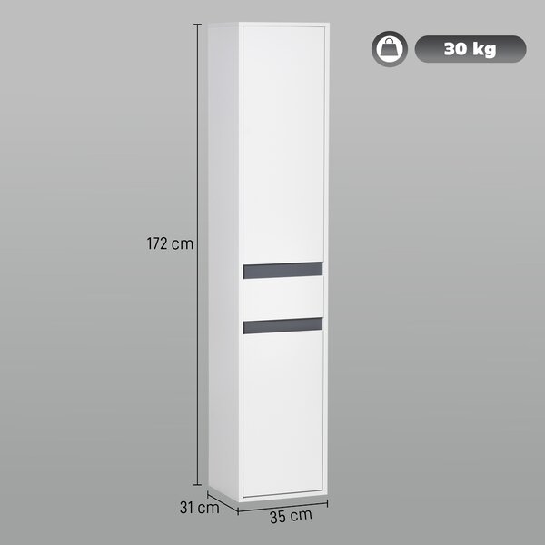 HOMCOM Mobiletto Bagno Salvaspazio con 2 Armadietti e Cassetto, Colonna Bagno con Ripiani Regolabili, in Legno, 35x31x172 cm, Bianco | Aosom Italy