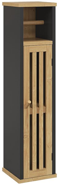 HOMCOM Mobiletto Bagno con Ripiano Aperto e Armadietto, in Bambù e MDF, 18x18x75 cm, Nero e color Legno|Aosom