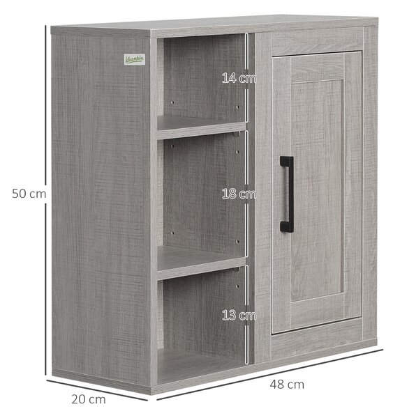 Kleankin Pensile Bagno con 3 Ripiani Aperti e Armadietto in Legno Truciolare, 48x20x50cm, Grigio|Aosom