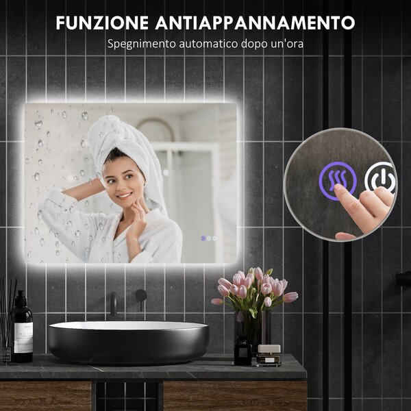 HOMCOM Specchio da Bagno Anticondensa con Luminosità e Colore Regolabili, Valutazione CRI90+, in Vetro e Lega di Alluminio, 80x60x4 cm | Aosom Italy