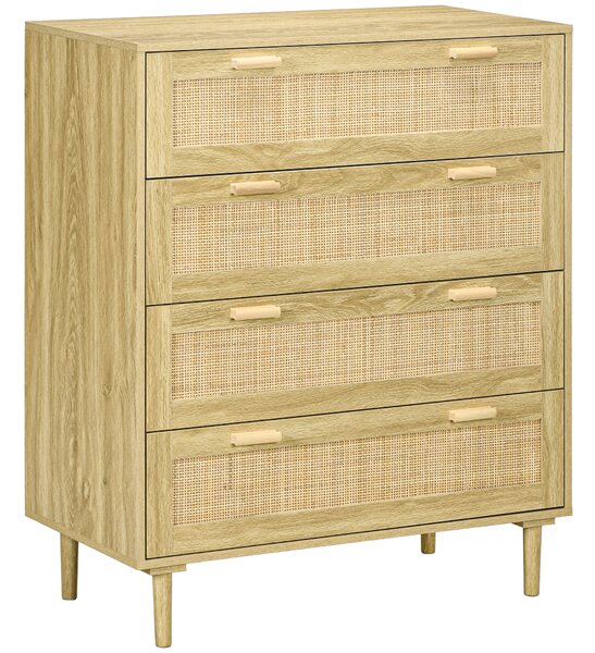 HOMCOM Cassettiera Mobile 4 Cassetti, Stile Boho in Legno e Rattan, al muro, per soggiorno, camera e ingresso, 90x45x108.5cm, Rovere|Aosom Italy