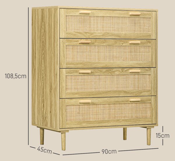 HOMCOM Cassettiera Mobile 4 Cassetti, Stile Boho in Legno e Rattan, al muro, per soggiorno, camera e ingresso, 90x45x108.5cm, Rovere|Aosom Italy