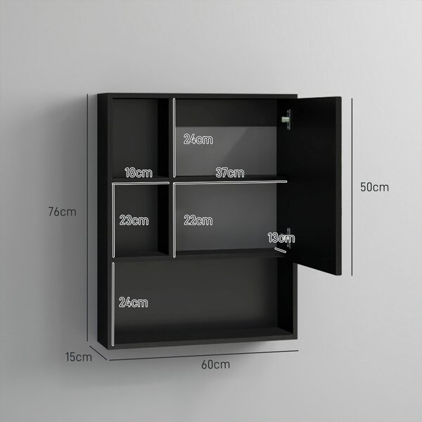 Kleankin Armadietto Bagno con Specchio, Ripiani e Scaffale Regolabile, Montaggio a Parete, 60x15x76cm, Nero