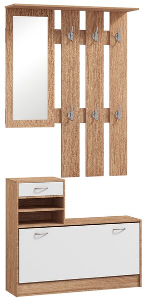HOMCOM Mobile Appendiabiti 3 in 1 con Scarpiera e Specchio, Ganci e Cassetti, in Legno per l'ingresso, 90x24x177 cm, Bianco e Noce | Aosom Italy