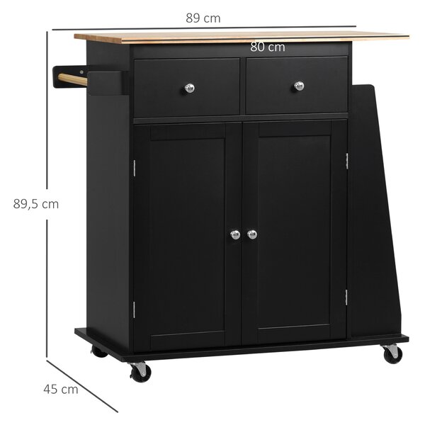 HOMCOM Carrello da Cucina con Armadietto, 2 Cassetti e Portaspezie, Isola da Cucina in Legno, 89x45x89.5cm, Nero