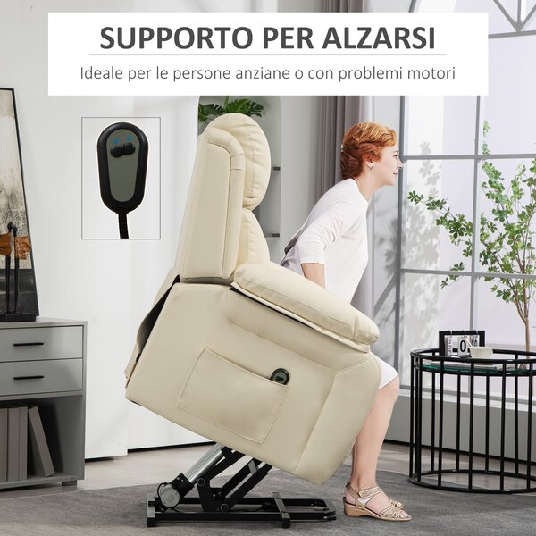 HOMCOM Poltrona imbottita Alzapersona Reclinabile a 160° con Poggiapiedi e Telecomando, in Pelle PU e Acciaio, 76x90x105 cm, Crema | Aosom Italy