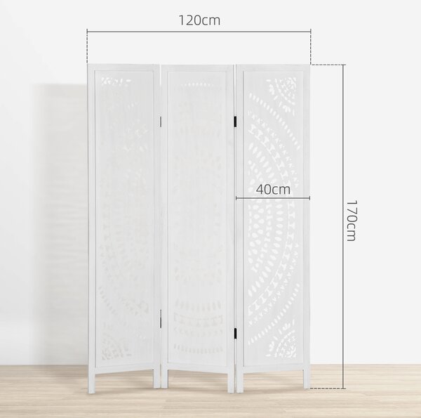 HOMCOM Separé Paravento da Interni Pieghevole a 3 Pannelli in Legno Intagliato, 120x170cm, Bianco
