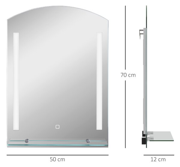 Kleankin Specchio Bagno da Parete Moderno con Illuminazione LED Regolabile a 3 Colori e Mensola in Vetro Elegante 50x12x70 cm Argento|Aosom Italy