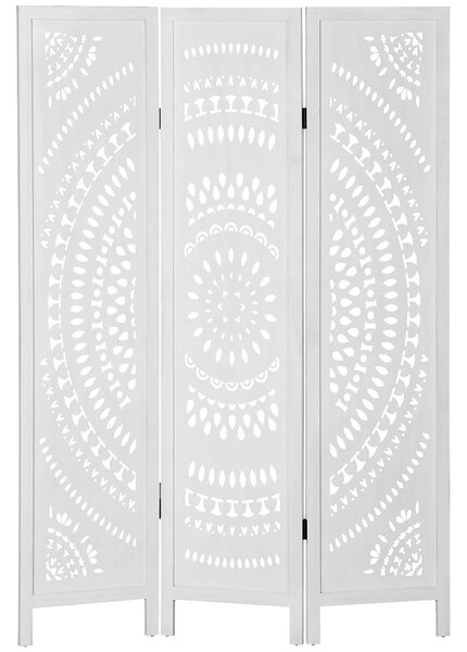 HOMCOM Separé Paravento da Interni Pieghevole a 3 Pannelli in Legno Intagliato, 120x170cm, Bianco