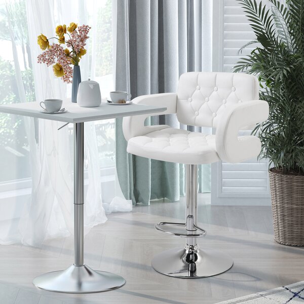 HOMCOM Sgabello Alto da Bar con Schienale e Braccioli, Regolabile, Girevole in Similpelle Bianca, per Cucina o Pub, 64x50x94-114cm | Aosom Italy