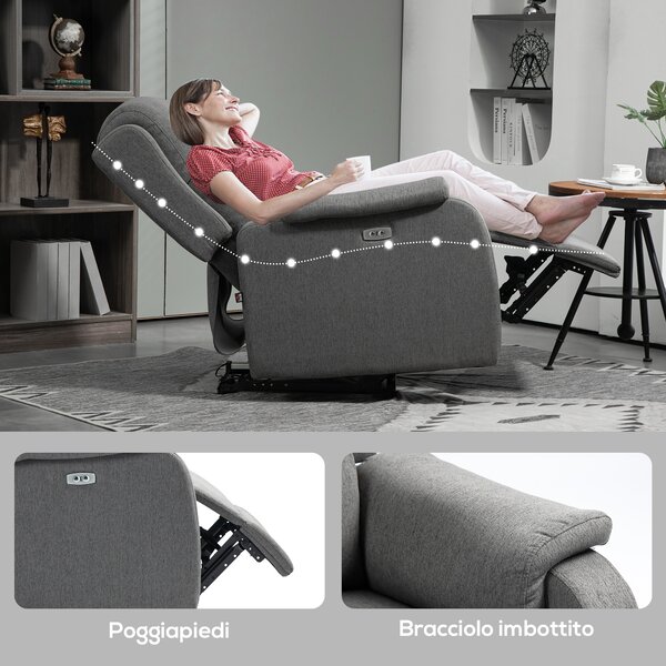 HOMCOM Poltrona Reclinabile con Poggiapiedi e USB, Sedia fino a 160 ° in Tessuto Effetto Lino, 77x91x106 cm, Grigio Scuro | Aosom Italy