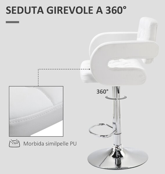 HOMCOM Sgabello Alto da Bar con Schienale e Braccioli, Regolabile, Girevole in Similpelle Bianca, per Cucina o Pub, 64x50x94-114cm | Aosom Italy