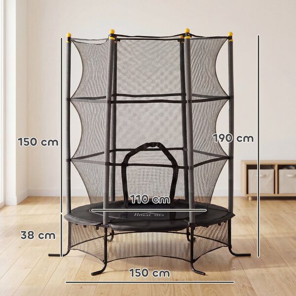 HOMCOM Trampolino Elastico per Bambini Ø1.6x1.9 m con Rete di Sicurezza e Pali Imbottiti, Età 3-10 Anni, Nero