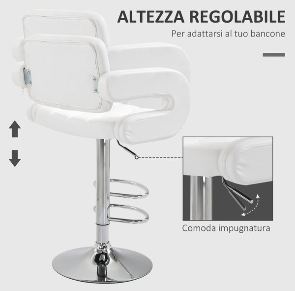 HOMCOM Sgabello Alto da Bar con Schienale e Braccioli, Regolabile, Girevole in Similpelle Bianca, per Cucina o Pub, 64x50x94-114cm | Aosom Italy