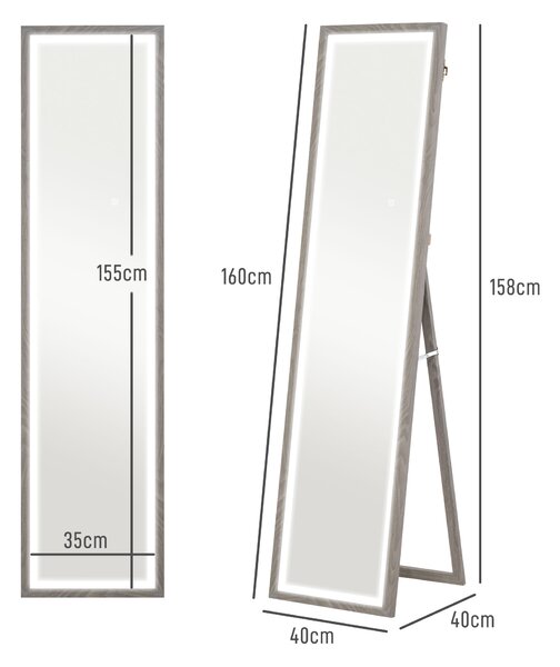 HOMCOM Specchio Illuminato con Luci LED Regolabili e Pulsante Touch, in Vetro e MDF, 40x5x160 cm, Grigio | Aosom Italy