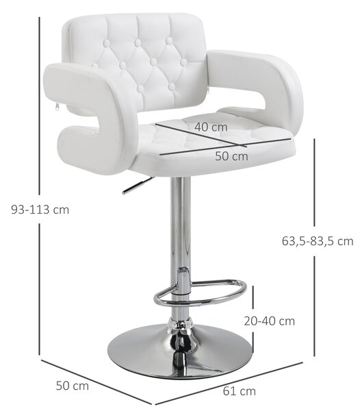 HOMCOM Sgabello Alto da Bar con Schienale e Braccioli, Regolabile, Girevole in Similpelle Bianca, per Cucina o Pub, 64x50x94-114cm | Aosom Italy