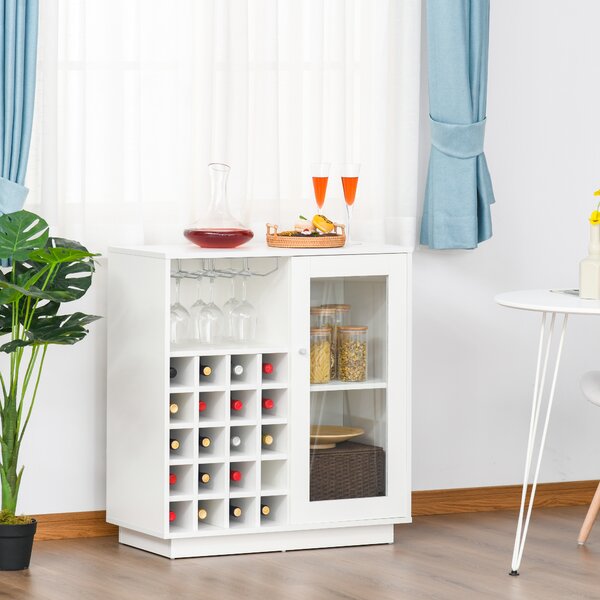 HOMCOM Mobiletto Portabottiglie Vini con Porta Calici e Armadietto, Capacità 20 Bottiglie, 80x36x85 cm, Bianco