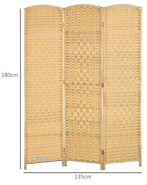 HOMCOM Paravento 3 Ante Pieghevole per Interni Autoportante e Intrecciato, 135x180 cm, Effetto Naturale