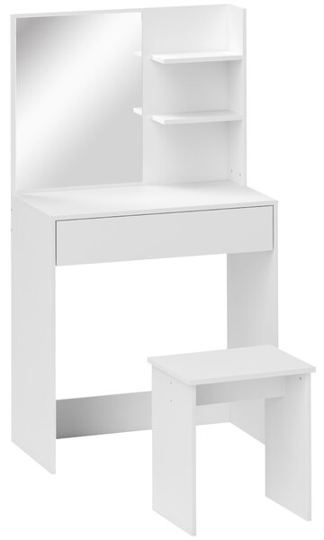 HOMCOM Tavolo da Trucco a 3 Ripiani e Cassetti con Specchio e Sgabello, in Truciolato, 75x40x137 cm, Bianco