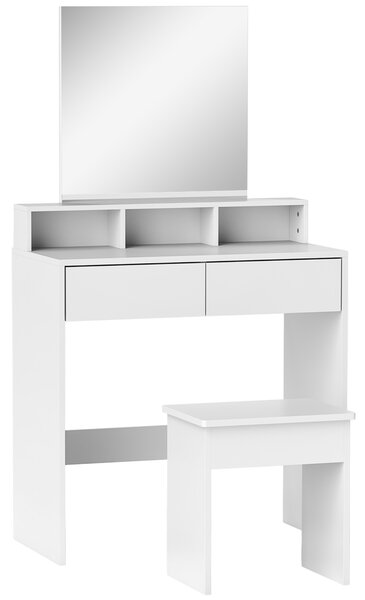 HOMCOM Tavolo da Trucco con Specchio, 3 Ripiani, 2 Cassetti e Sgabello, in Legno, 75x38x135 cm, Bianco