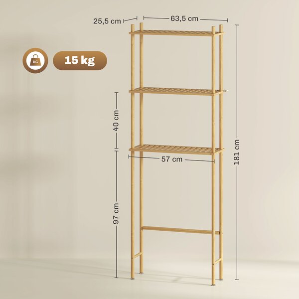 HOMCOM Mobile Sopra WC a 3 Ripiani a Doghe Salvaspazio in Bambù, 63.5x25.5x181 cm, color Legno