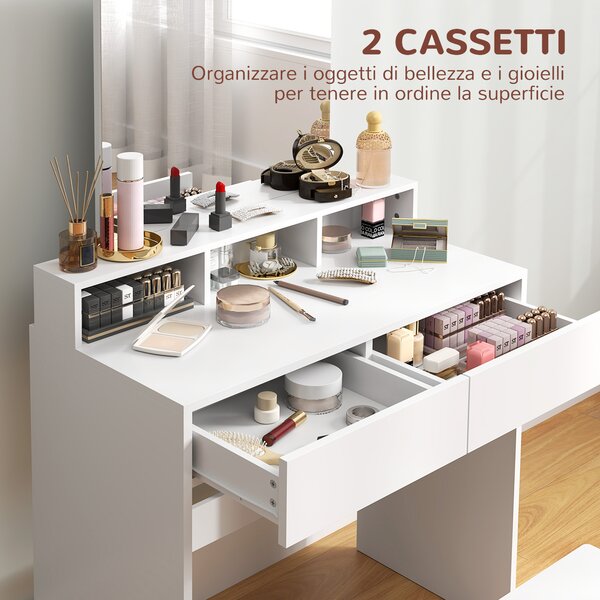 HOMCOM Tavolo da Trucco con Specchio, 3 Ripiani, 2 Cassetti e Sgabello, in Legno, 75x38x135 cm, Bianco