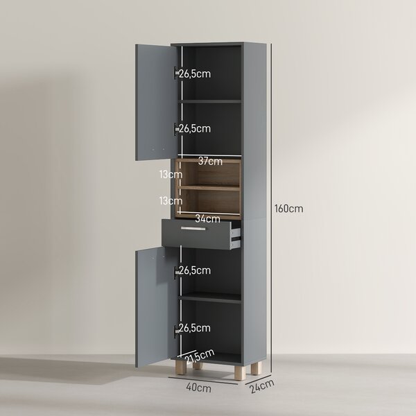 HOMCOM Colonna Bagno Moderna con Cassetto e Armadietti in Legno e Lega di Alluminio, 40x24x160 cm, Grigio