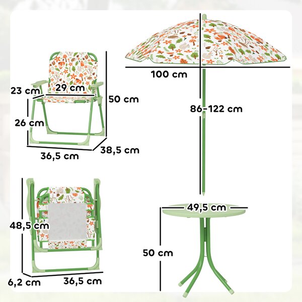 AIYAPLAY Set da Giardino per Bambini 2-5 Anni con Tavolino Rotondo, 2 Sedie Pieghevoli e un Ombrellone, Verde