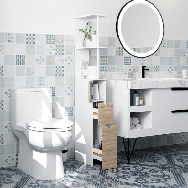 HOMCOM Mobile Colonna Bagno Salvaspazio con Armadietto, Ripiani e Cassetti, 15x33x136 cm, Colore Legno