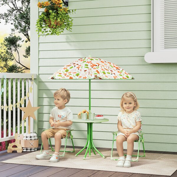 AIYAPLAY Set da Giardino per Bambini 2-5 Anni con Tavolino Rotondo, 2 Sedie Pieghevoli e un Ombrellone, Verde