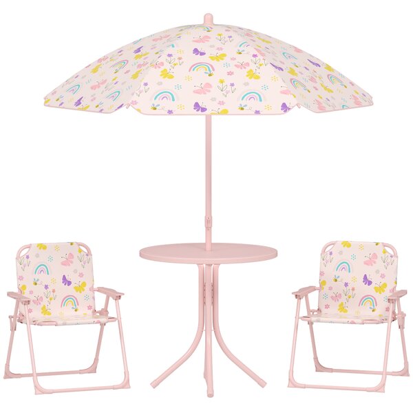 AIYAPLAY Set da Giardino per Bambini 2-5 Anni con Tavolino Rotondo, 2 Sedie Pieghevoli e un Ombrellone, Rosa