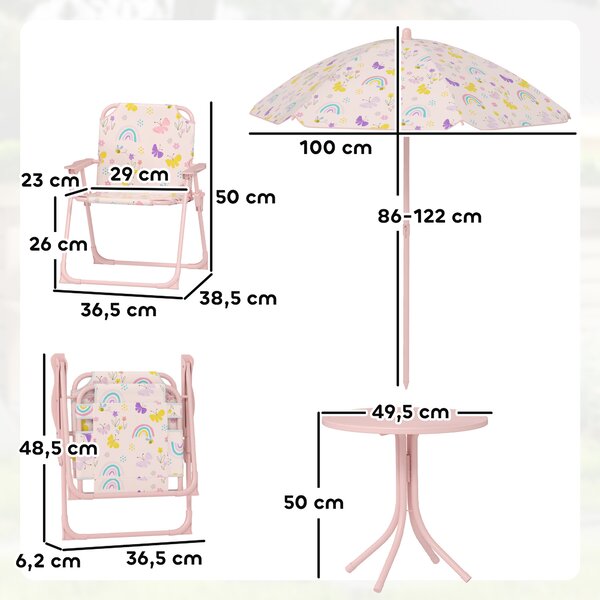 AIYAPLAY Set da Giardino per Bambini 2-5 Anni con Tavolino Rotondo, 2 Sedie Pieghevoli e un Ombrellone, Rosa