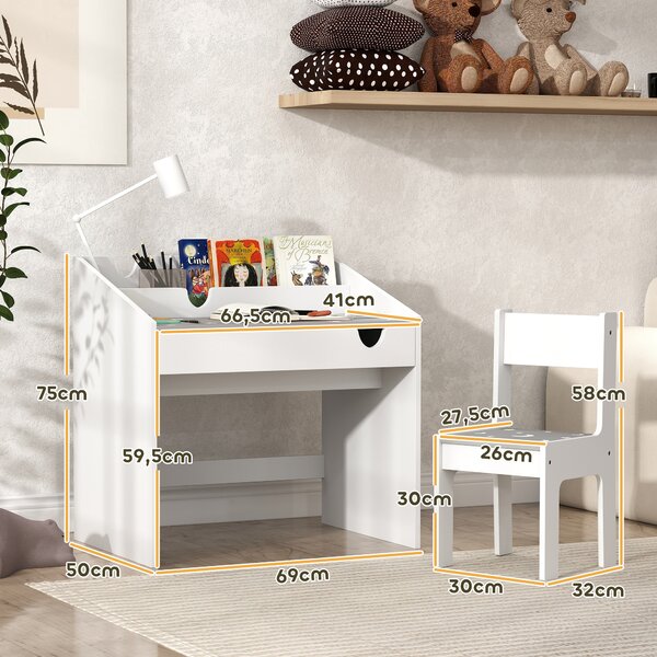 AIYAPLAY Set Sedia e Tavolino per Bambini 3-6 Anni con Organizzatore e Cassetto Estraibile, in Legno Grigio | Aosom Italy