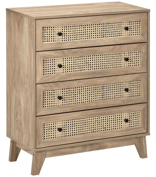 HOMCOM Cassettiera con 4 Cassetti e Inserti in Rattan Stile Boho, 80x35x95 cm, Legno Naturale | Aosom Italy