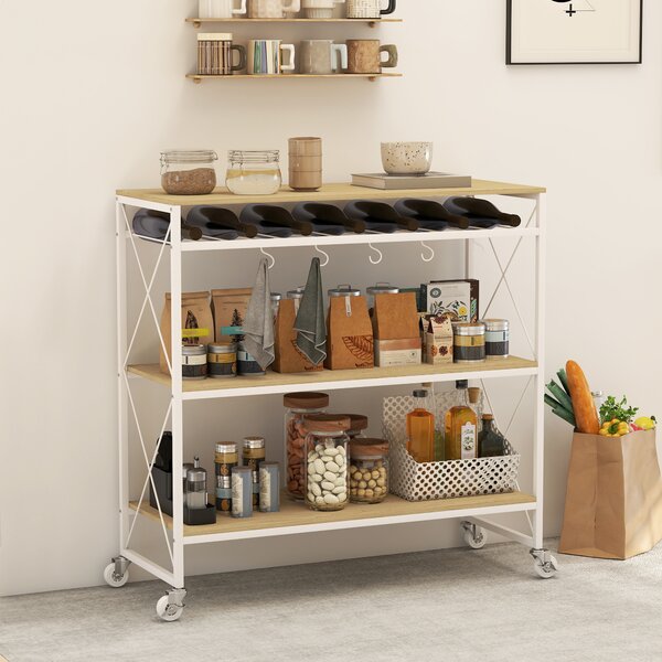 HOMCOM Carrello Portavivande a 4 Livelli con Portabottiglie e 5 Ganci Rimovibili, in Legno e Metallo, 96.5x38x96.7 cm | Aosom Italy
