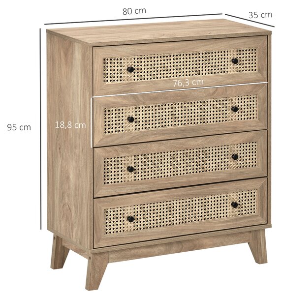 HOMCOM Cassettiera con 4 Cassetti e Inserti in Rattan Stile Boho, 80x35x95 cm, Legno Naturale | Aosom Italy