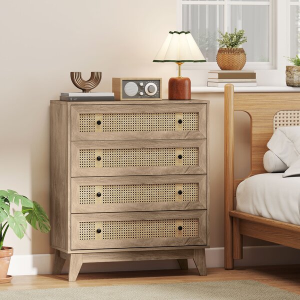 HOMCOM Cassettiera con 4 Cassetti e Inserti in Rattan Stile Boho, 80x35x95 cm, Legno Naturale | Aosom Italy