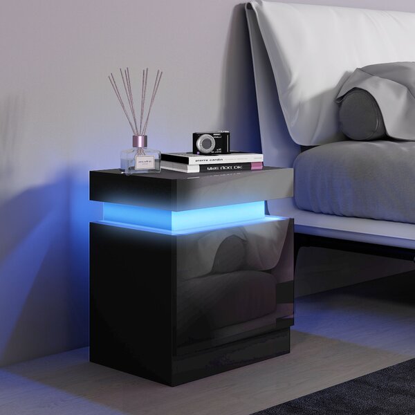 HOMCOM Comodino LED a 16 Colori e 4 Modalità con 2 Cassetti, in Legno, 45x35x52 cm, Nero | Aosom Italy