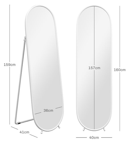 HOMCOM Specchio a Figura Intera da Terra con Supporto Pieghevole, Vetro e Metallo, 40x41x159 cm, Bianco | Aosom Italy