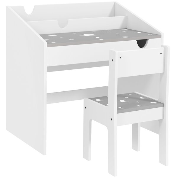 AIYAPLAY Set Sedia e Tavolino per Bambini 3-6 Anni con Organizzatore e Cassetto Estraibile, in Legno Grigio | Aosom Italy