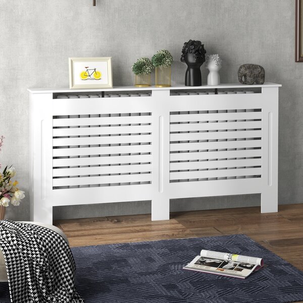 HOMCOM Copritermosifoni a Doghe con Ripiano Portaoggetti, in Legno, 152x19x81 cm, Bianco | Aosom Italy