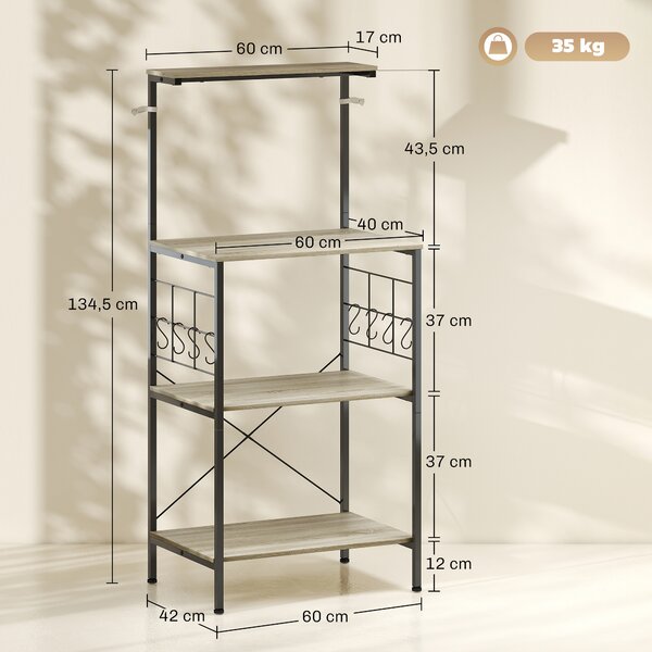 HOMCOM Scaffale Cucina a 4 Livelli con Pannelli a Rete e 8 Ganci Stile Industriale, 60x42x134.5 cm, Rovere | Aosom Italy
