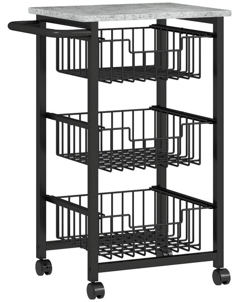 HOMCOM Carrello da Cucina a 3 Cestelli con Maniglia, in Acciaio e Legno, 49.5x31x69 cm, Nero e Grigio Chiaro | Aosom Italy