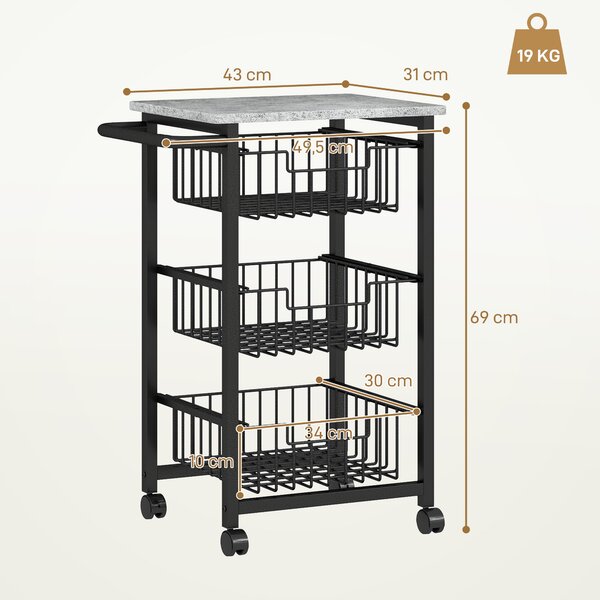 HOMCOM Carrello da Cucina a 3 Cestelli con Maniglia, in Acciaio e Legno, 49.5x31x69 cm, Nero e Grigio Chiaro | Aosom Italy