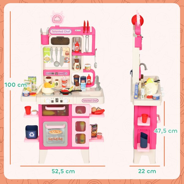 AIYAPLAY Cucina Giocattolo per Bambini 3-6 Anni con 104 Accessori, in PP, PE e ABS, 52.5x22x100 cm, Rosa | Aosom Italy