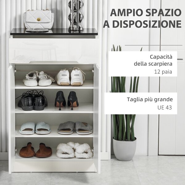 HOMCOM Armadio Scarpiera Slim da 12 Paia per Ingressi e Corridoi con 3Ripiani Regolabili e Cassetto, in Truciolato Bianco, 60x32x100 cm|Aosom Italy