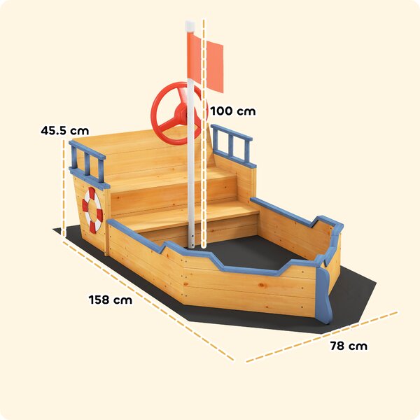 Outsunny Sabbiera per Bambini in Legno a Forma di Nave dei Pirati con Vano Contenitore, Gioco da Giardino 158x78x45.5cm|Aosom