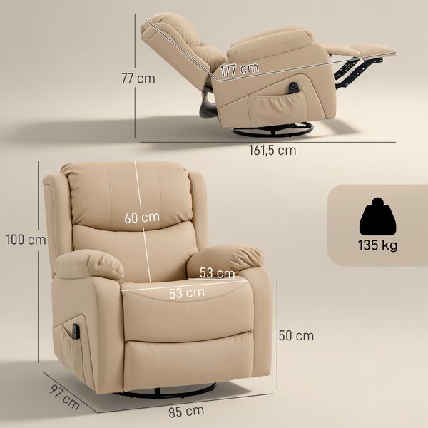 HOMCOM Poltrona Relax Reclinabile con 8 Punti Massaggianti, Riscaldanti e Poggiapiedi, 87x97X100 cm, Beige | Aosom Italy