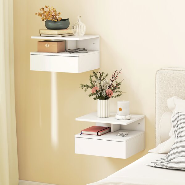 HOMCOM Set di 2 Comodini Sospesi con Cassetto e Mensola Aperta, 35x32x22.5 cm, Bianco | Aosom Italy